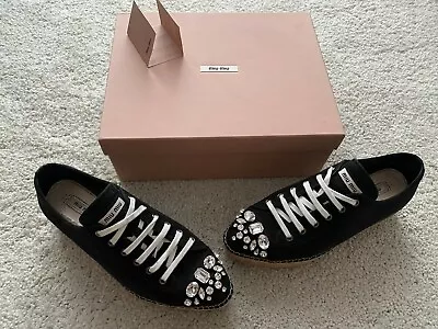 Miu Miu Crystal Embellished Black Suede Platform Sneakers Shoes Espadrilles  • $211.65