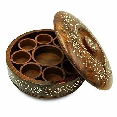 Indian Wood Masala Box Spice Box Sheesham Wood Spice Container 10 Inch • $70