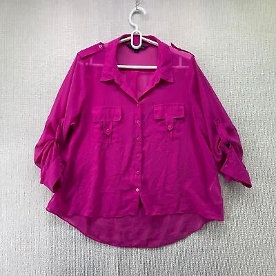 $19.95 • Buy Forever New Womens Button-Up Shirt Sz 16 Pink Roll Tab Long Sleeve Pockets Sheer