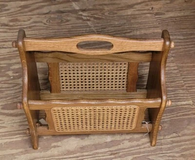 $79.99 • Buy VTG Oak Wood Woven Wicker Rattan Cane Magazine Book Vinyl Record Rack Holder