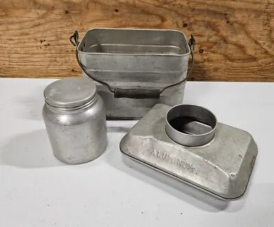Antique Aluminum Coal Miners Railroad Lunch Box Pail Bucket Wood Handle Grip • $69.95