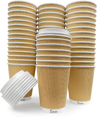 Triple Wall Insulated 12oz Disposable Coffee Cups+Leakproof Lids Kraft Paper Box • £20.44