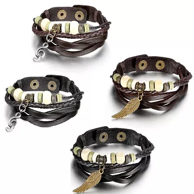 Men Women's Angel Wing Braided Leather Tribal Multilayer Bracelet Wristband Gift • $9.99