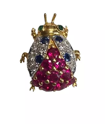 Vintage 1980’ Le Vian 18k Gold  Multi-gem Ruby Diamond Lady Bug Pin Brooch • $535