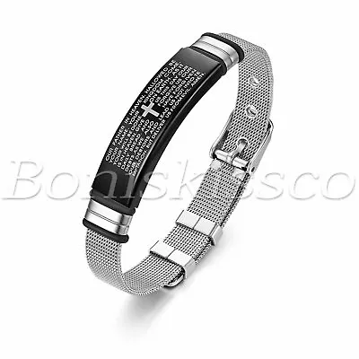 Men's Stainless Steel Adjustable Religious Cross Bible Text Prayer Bracelet • $9.49