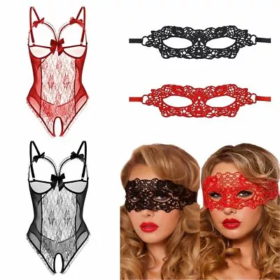 Lace Lingerie Mask Erotic Sexy Underwear Crotch Bodysuit Set Valentines Women  • £9.98