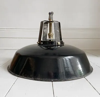 £165 • Buy Large Vintage French Black Enamel Industrial Pendant Lamp - Light / 45cm Across
