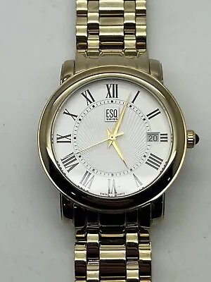 Esq By Movado E5384 Men's Gold Tone Watch Roman Numerals Swiss Quartz Date C5 • $71.85