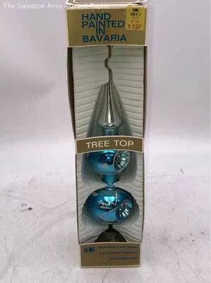 VTG Finial Blue Silver Glitter Blown Glass Indented Christmas Tree Topper W/ Box • $9.99