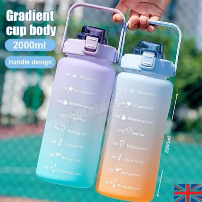 2L Water Bottle Motivational Drink Flask With Straw Time Marker BPA Free Sports • £7.49