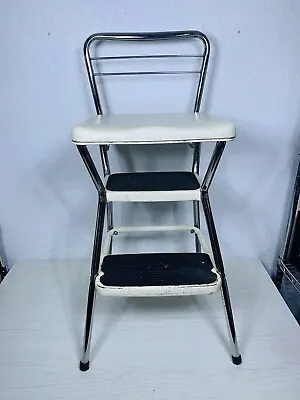 Vintage Cosco Kitchen Metal Step Stool Chair Flip Up Seat Retro White MCM • $79.99