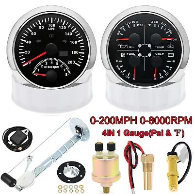 2 Gauge Set 85mm GPS Speedometer 0-200MPH & 4IN 1 Fuel/Water Temp/Oil Press/Volt • $144.41