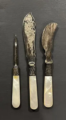 Antique Mother Of Pearl Handle 3 Pc Set - Landers Frary & Clark = EPNS • $49.99