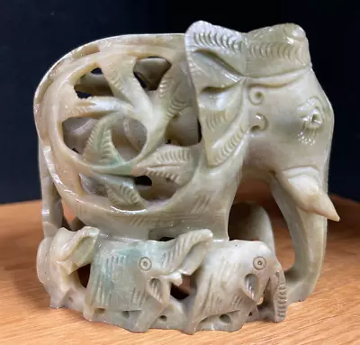 VTG Handcarved Jade Elephant Mother & Calf Figurine Surrounded By 6 Elephants 4  • $17.99