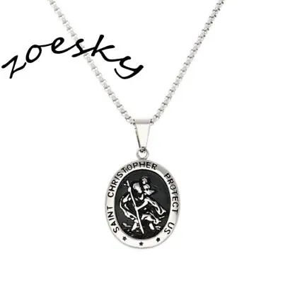 Mens Womens St Saint Christopher Medal Pendant Necklace Stainless Steel Amulet • $20