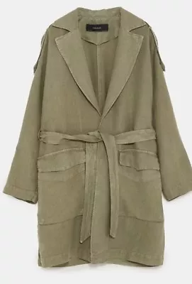 Zara Khaki LINEN COAT Size Medium & Large WITH APPLIQUÉ Style 2744/541 • $114.98