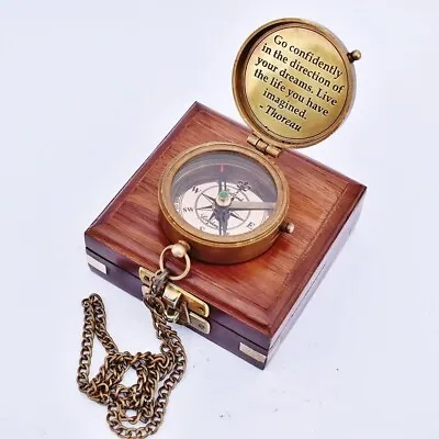 Thoreau's Quote Engraved Antique Nautical Directional Magnetic Compass With Case • $38.49