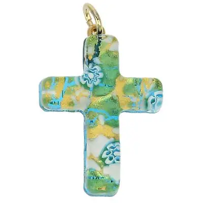 GlassOfVenice Murano Glass Venetian Reflections Cross Pendant - Aqua Gold • $34.95