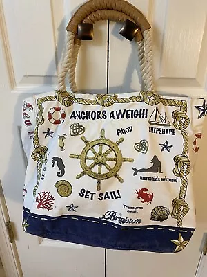 Brighton Just Sailing Nautical Themed Canvas Tote Beach Bag Rope Leather Handles • £16.89