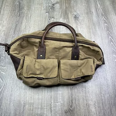 Fossil Brown Canvas Leather Trim Duffel Travel Weekend Bag • $44.99