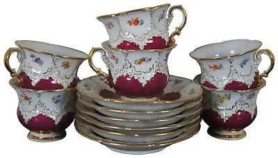 12 Pc Antique Meissen B-Form Teacups & Saucers Floral Crossed Sword Tea Set B154 • $2550