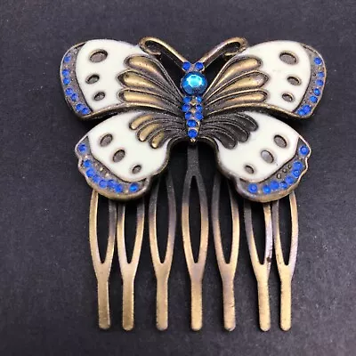 Vintage Beautiful Metal Butterfly Hair Comb Enamel With Blue Rhinestones • $15.99