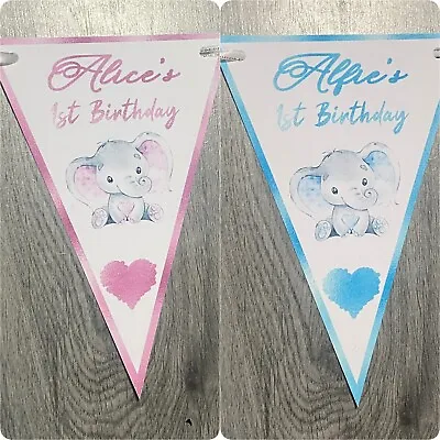 Personalised Elephant Birthday Bunting Banner 1st 2nd 3rd Pink Or Blue • £4.20