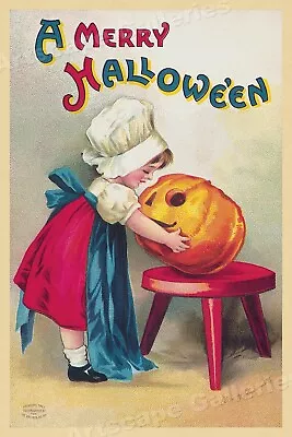 1911  A Merry Halloween  Vintage Clapsaddle Pumpkin Poster - 20x30 • $18.95