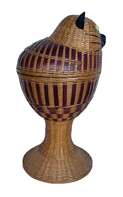 Vintage Mid-Century Modern Bamboo Wicker Hand Woven Pedestal Cat Basket 11  Tall • $41
