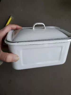 Vintage White Black Enamelware Refrigerator Storage Box And Lid With Handle • $29