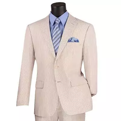 VINCI Men's Tan Striped Seersucker 2 Button Modern-Fit Suit 100% Cotton NEW • $110