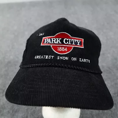 Park City Utah Hat Mens Black Corduroy 80s 90s Cap Strap Vintage Ski Snow VTG • $22.45