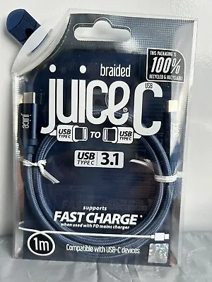 Juice USB C To USB C Braided 1M Fast Charging Cable Navy Blue Data Reversible 5A • £11.99