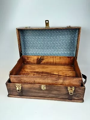 Vintage Wood Doll Trunk Miniature Storage Chest Blue & White Lining • $59.99