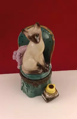 Miniature Siamese Cat Porcelain Trinket Box 2.75  Midwest Of Cannon Falls Green • $19.99