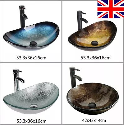 Bathroom Sink Basin Hand Wash Counter Top Oval Glass Bowl Pop Up Tap Waste Set • £67.99