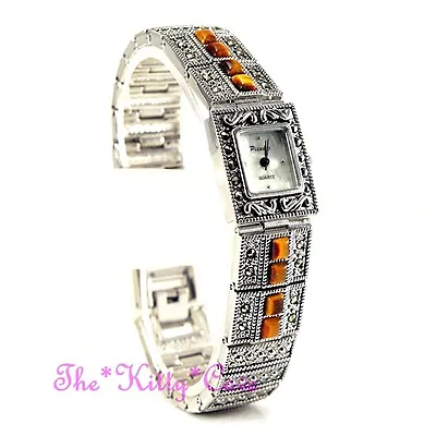 Genuine Marcasite & Tigers Eye Semi Precious Gems Vintage Silver Bracelet Watch • $78.09