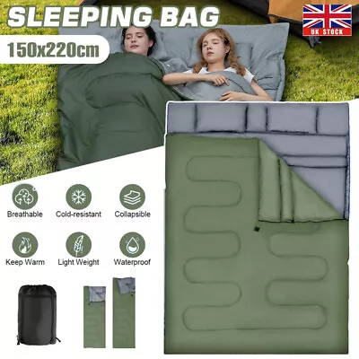 2in1 Double Sleeping Bag 4 Seasons Waterproof Camping Bag W/2 Pillows & Bag UK • £30.39