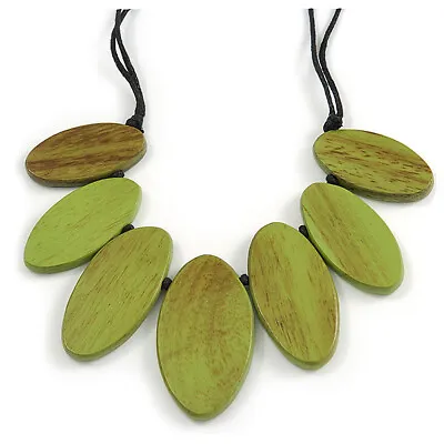 Leaf Painted Lime Green Wood Bead Cotton Cord Necklace/70cm Max Length/ • £14.90