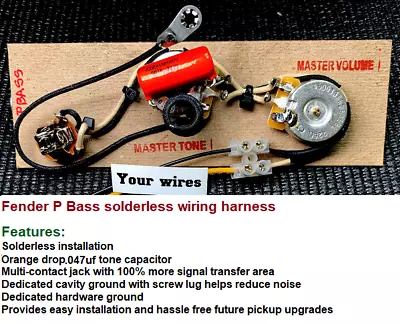 Solderless Fender P- Bass Wiring Harness - 250k Pots/.047uF Tone Cap - Drop-in! • $79