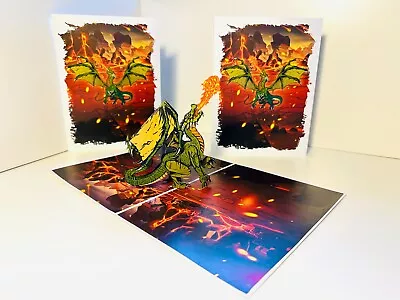 Origami Pop Cards GREEN Fire Breathing Dragon 3D Pop Up Greeting Card • $11.06