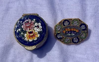 Vintage Italian Micro Mosaic Hinged Cobalt Blue Lid Pill / Trinket Box & Brooch • $20