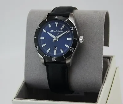 New Authentic Michael Kors Layton Silver Blue Black Leather Men's Mk8854 Watch • $99.99