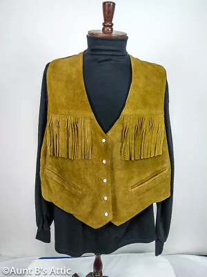 Vintage 80's Bonjour Men's Western Style Brown Suede Fringed Full Back Vest Lg • $39.98