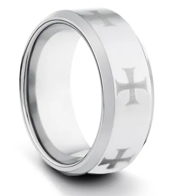 TungstenMasters 9MM Tungsten Mens Polished Silver Iron Cross Wedding Band Ring • $34.95