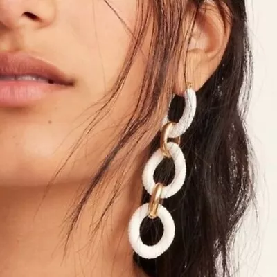 NWT J. Crew Cotton Raffia Wrapped Gold Link Chain Drop Pierced Earrings Dust Bag • $34.99