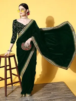 Green Velvet Saree Embroidery Party Wear Blouse Sari Indian Pakistani Gown Dress • £41.99