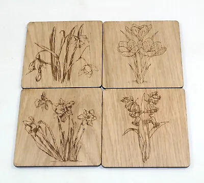 Coasters In Oak Veneer Flowers Countryside Perfect Unique Gift X 4 Daffodil • £7.99