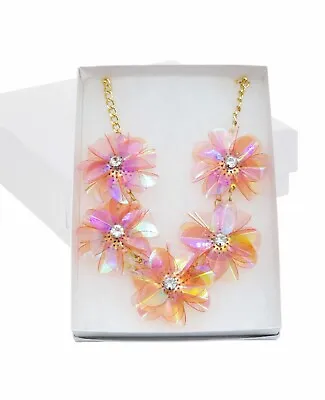 Transparent Pink Acrylic Flowers W/ Rhinestones Gold Tone Statement Necklace • $12.99