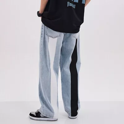 Mens Hip Hop Denim Pants Trousers Colorblock Loose Wide Leg Pants Straight Jeans • $46.98